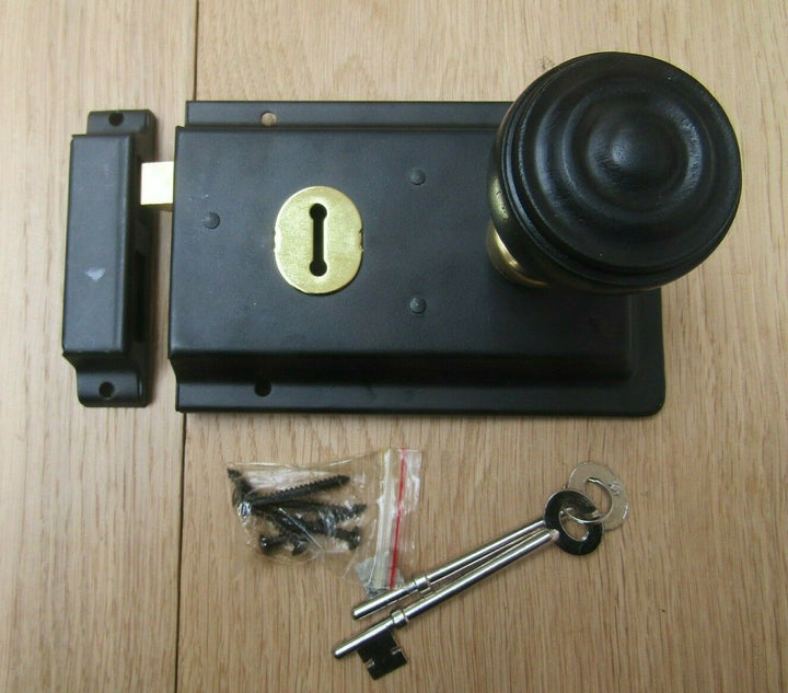 6inch Rim Lock Black & Bunned Rim Ebony + Brass Set.