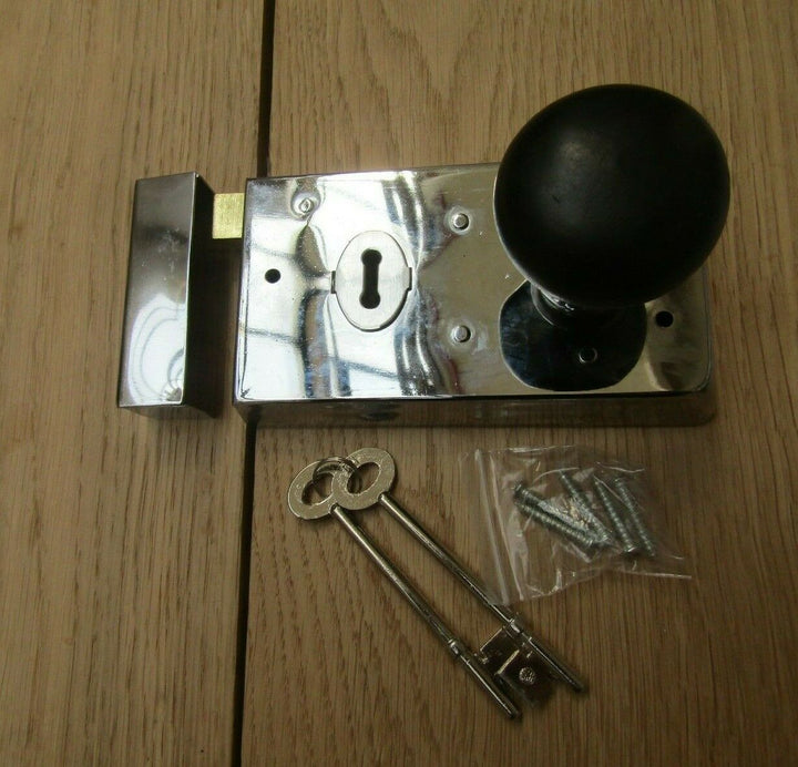 5.5inch Rim Lock Chrome & Plain Bun Ebony Black Set.