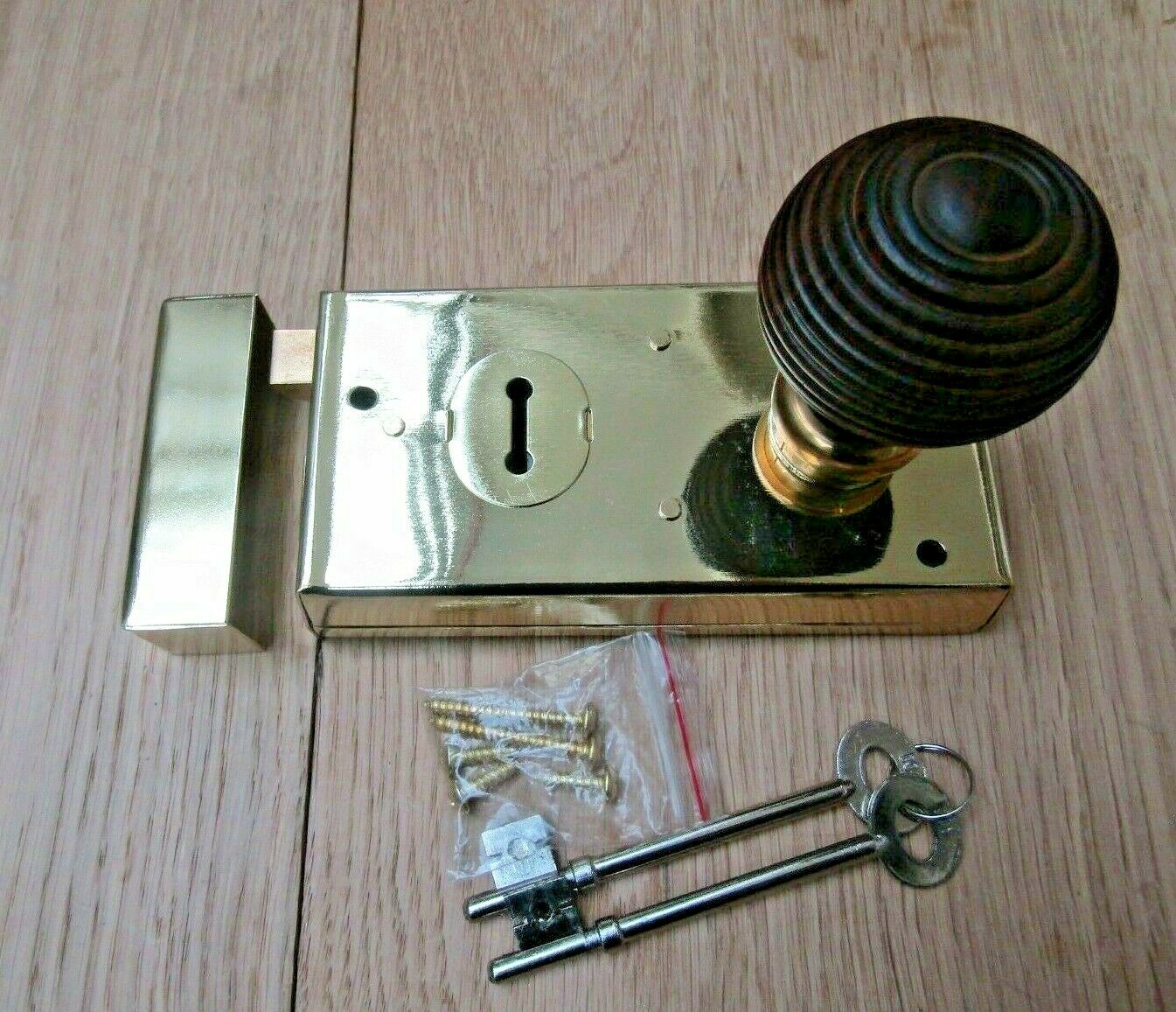5.5inch Rim Lock Brass & Beehive Teak + Brass Set.