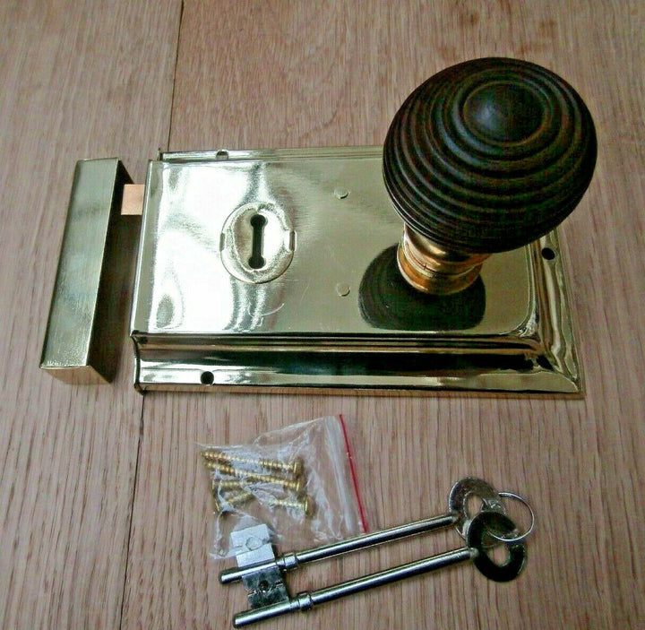 6inch Rim Lock Brass & Beehive Teak + Brass Set.