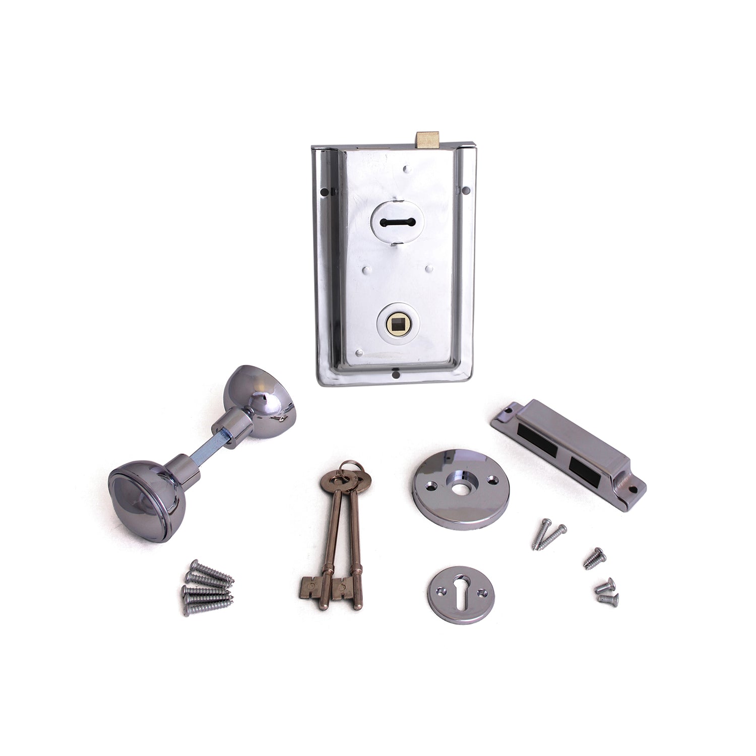 Steel 6inch Rim Lock Polished Chrome & Plastic Knob Set.