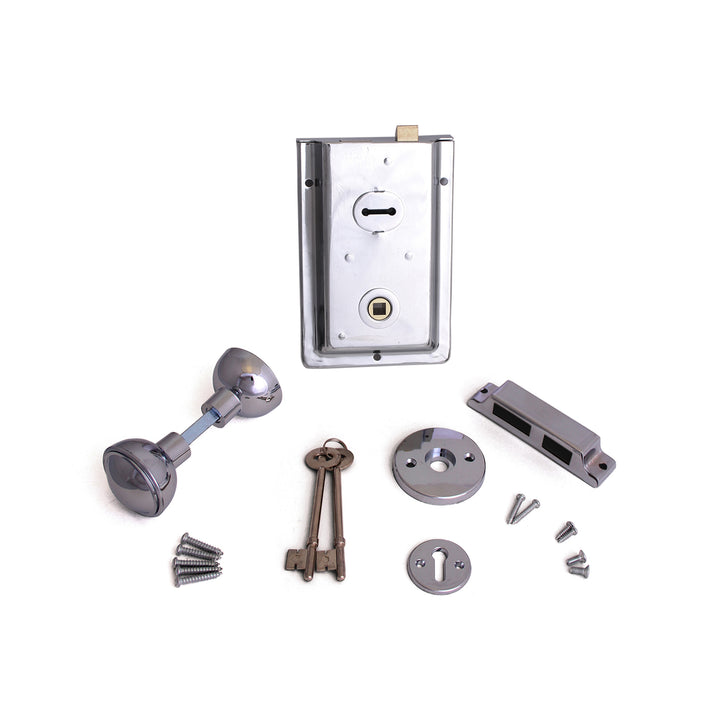 Steel 6inch Rim Lock Polished Chrome & Plastic Knob Set.