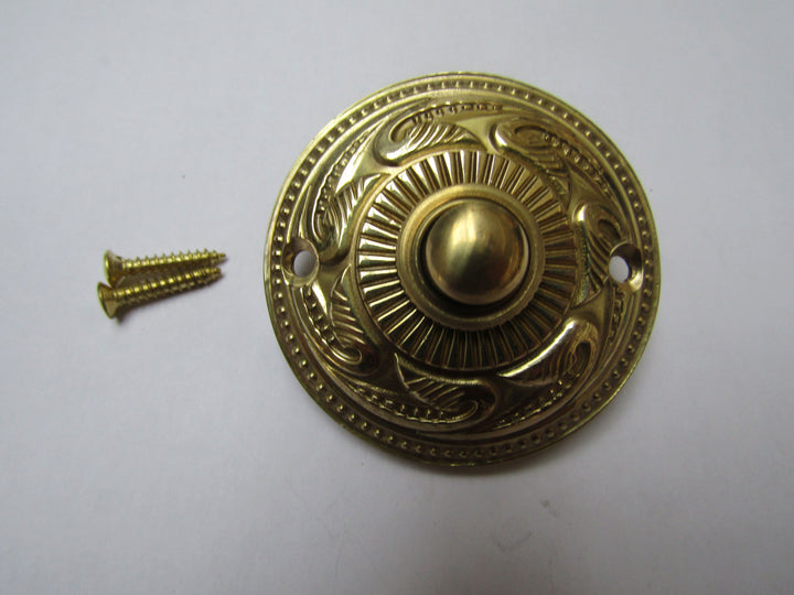 Rococo Round Bell Push Polished Brass.