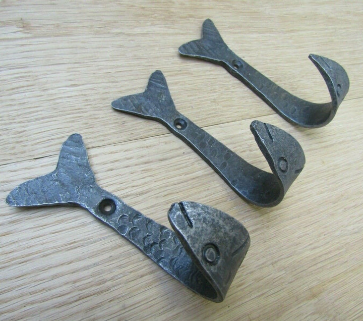 Pack of 3 Handforged Fish Tail Hooks Antique Iron.