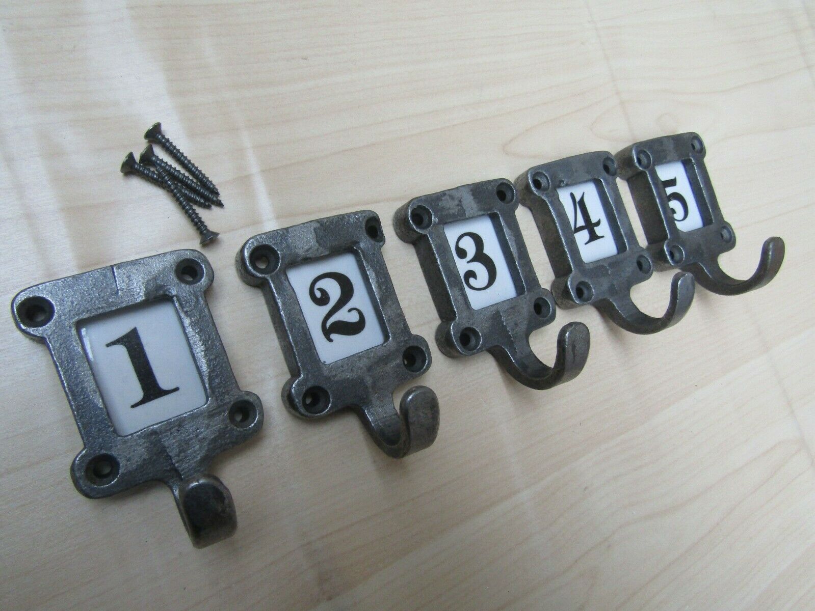 Ceramic Insert 1-5 Numbered Antique Iron Robe Hooks.