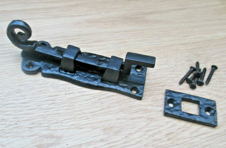 4inch Curly Monkey Tail Necked Door Bolt Black Antique.