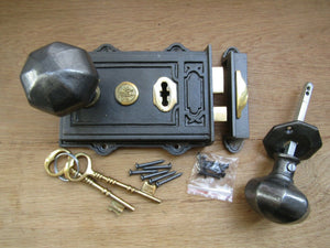 Cast Iron Davenport Rim Lock Antique Iron & Octagonal Knob Set.