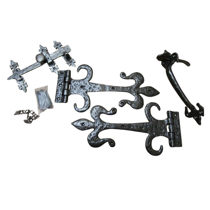 Set of 12inch Fleur de lys with curls Hinges + 9inch Suffolk Thumb Latch Black Antique.