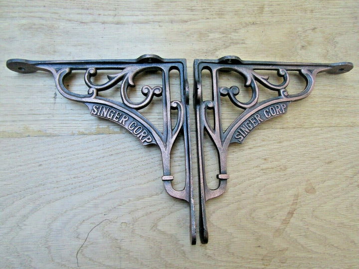 Pair Of 7.5inch Singer Corp Shelf Brackets Antique Copper.