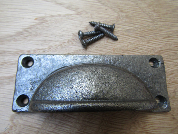 Small Rectangular Lipped Cabinet Pull Handle Antique Iron.