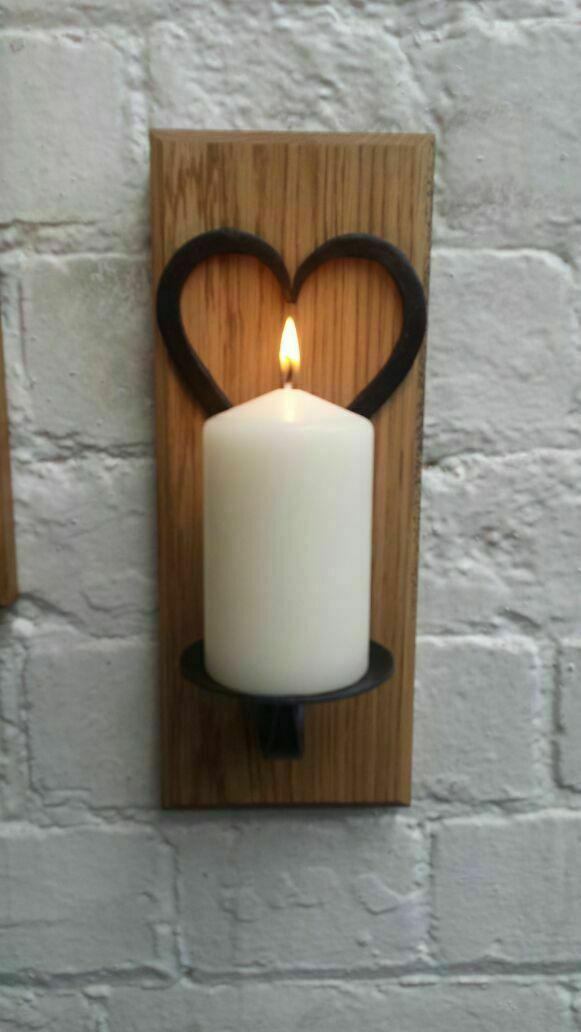 Handforged Candle holder on wood base Heart Round Plate Small.