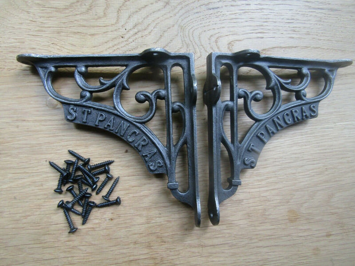 Pair Of 7x7.5inch St Pancras Scroll Brackets Antique Iron.