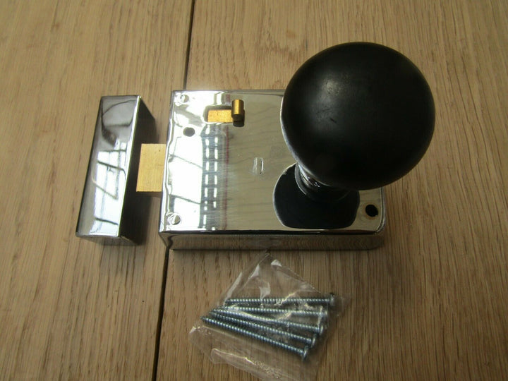 4inch Steel Rim Latch Chrome + Plain Bun Ebony Black Set.