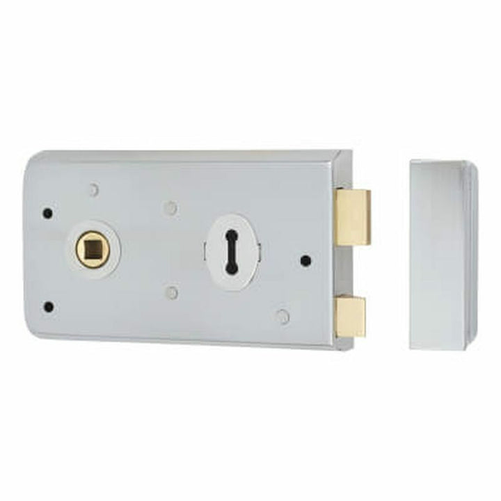 Steel 5inch Rim lock Satin Chrome.