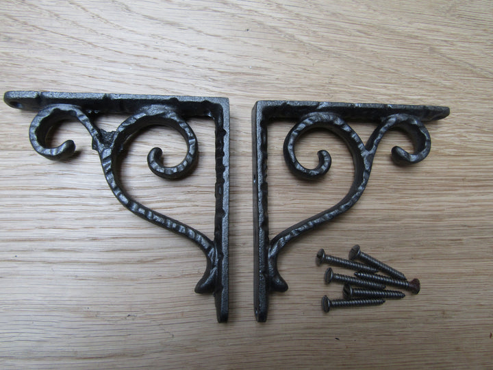 Pair Of 4inch Textured Scroll Shelf Brackets Antique Iron.