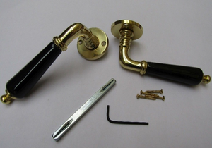 Pair Of Kensington Ceramic Lever On Rose Door Handles Victorian Black & Brass.