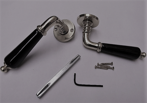 Pair Of Kensington Ceramic Lever On Rose Door Handles Victorian Black & Chrome.