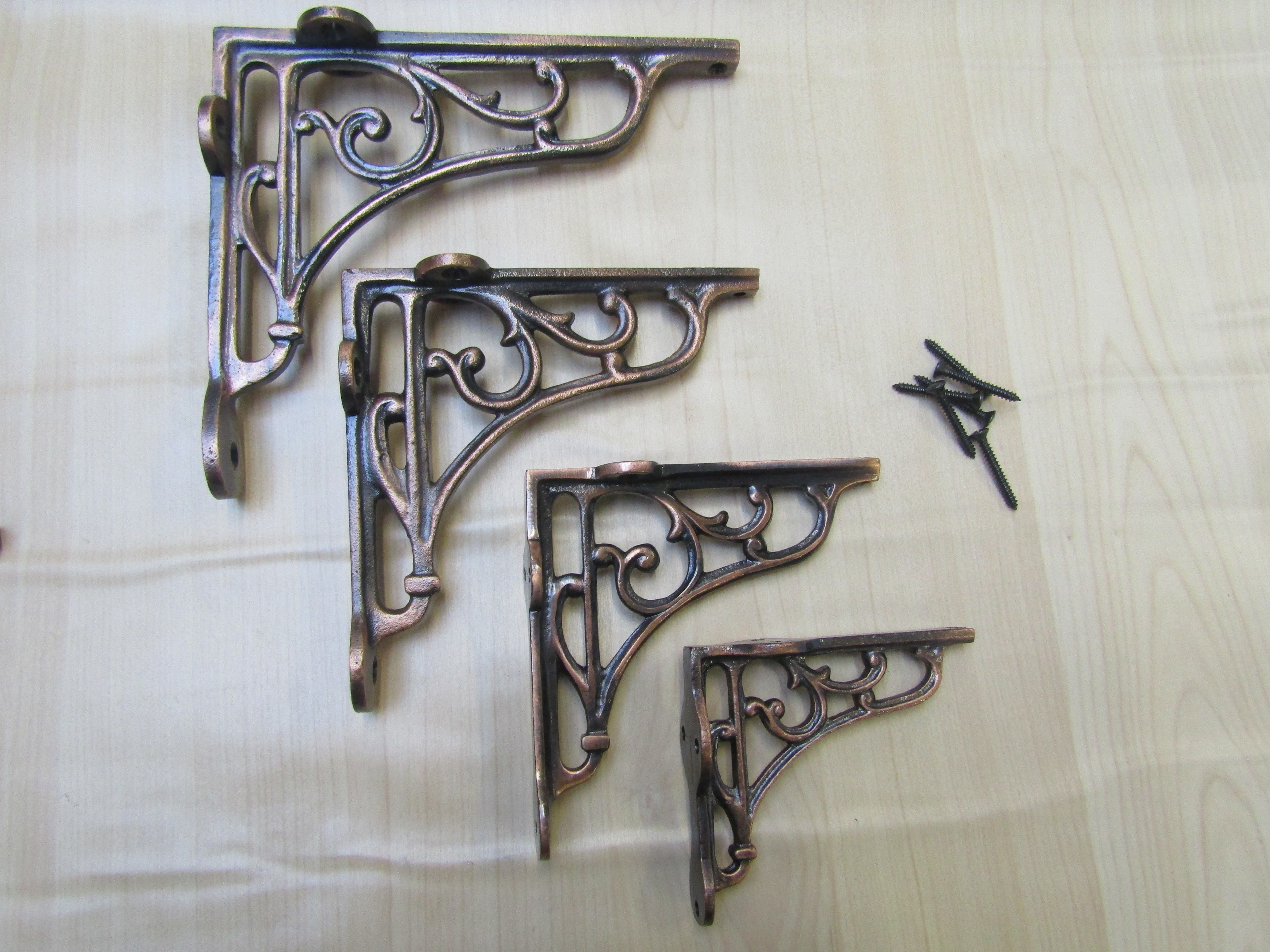 Pair Of 4inch Victorian Scroll Shelf Brackets Antique Copper.