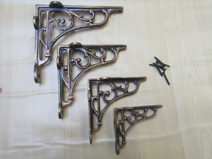 Pair Of 5inch Victorian Scroll Shelf Brackets Antique Copper.
