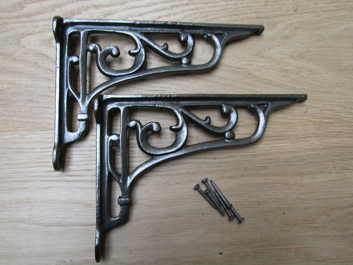 Pair Of 9inch Victorian Scroll Shelf Brackets Antique Iron.