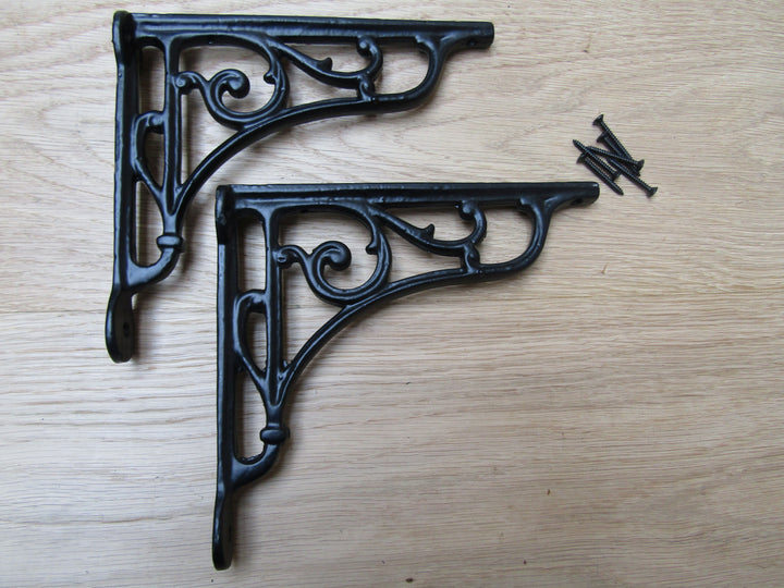 Pair Of 7inch Victorian Scroll Shelf Brackets Black Antique.