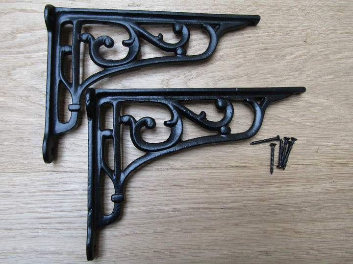 Pair Of 9inch Victorian Scroll Shelf Brackets Black Antique.