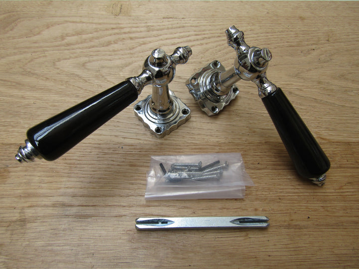 Pair Of Kensington Ceramic Lever On Rose Door Handles Edwardian Black & Chrome.