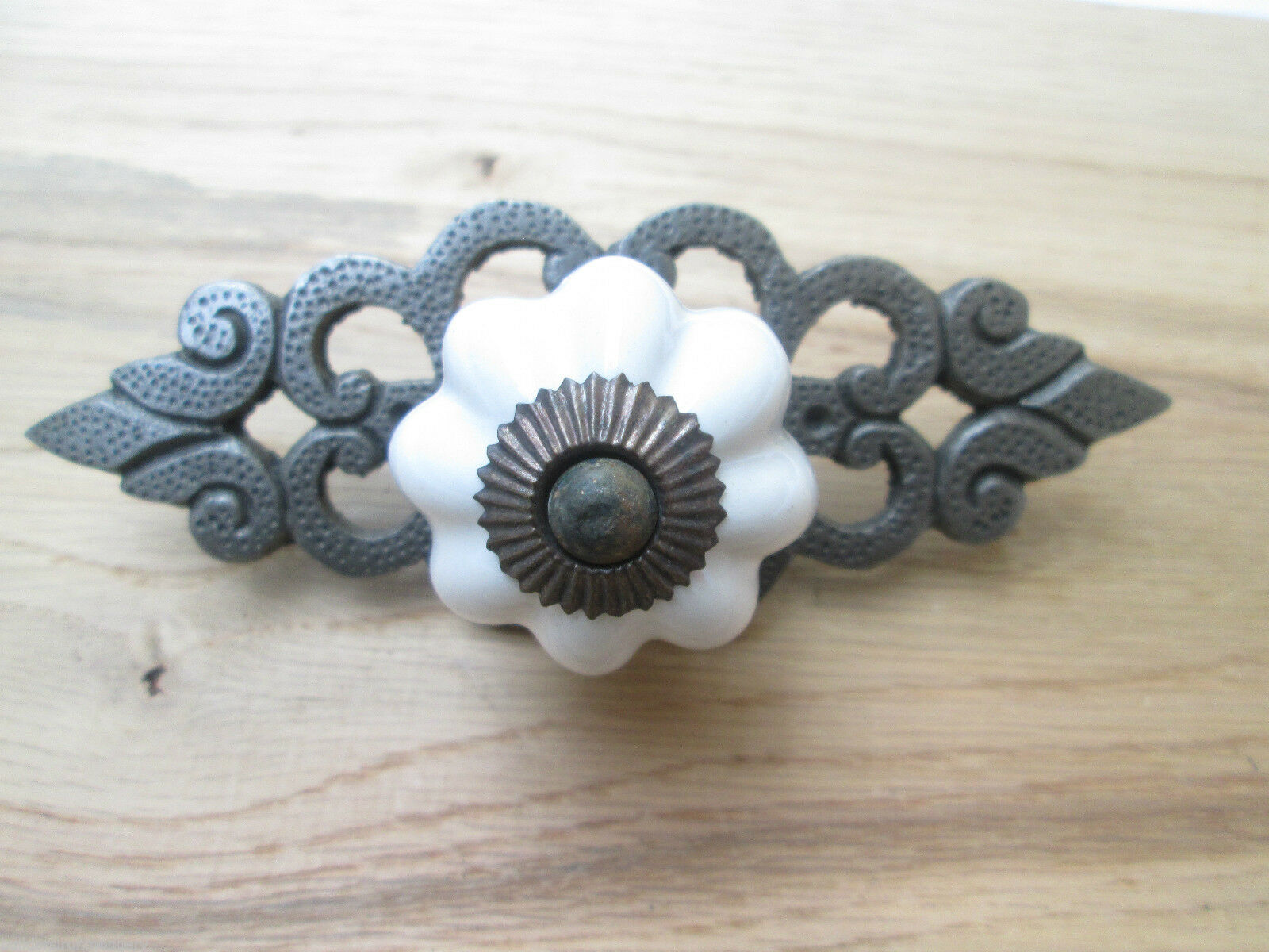 White Ceramic Cabinet Knob with Antique Iron Back Plate.